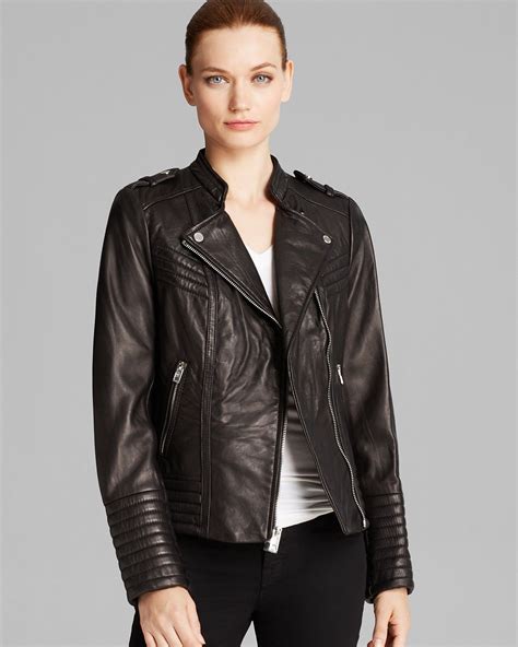 michael kors paneled leather jacket|Michael Kors leather motorcycle jacket.